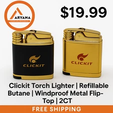 Clickit Torch Lighter | Refillable Butane | Windproof Metal Flip-Top | 2CT
