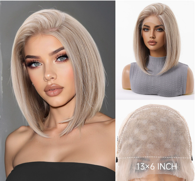 #ad Medium Bob Blonde Mix Mono Lace Front Cap Synthetic Hair Wigs Women Soft Natural $65.19