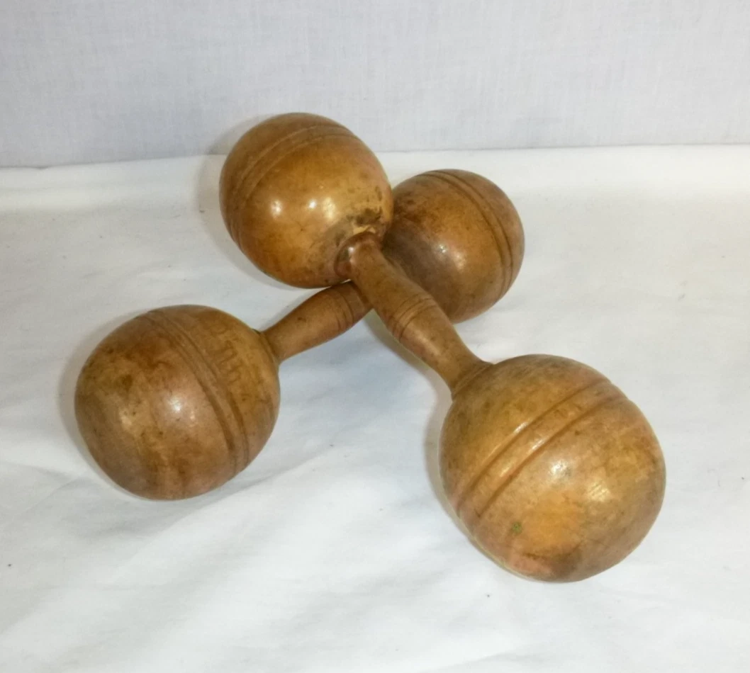 Set of 2 Vtg Wooden Antique Dumbbells Weights Workout Exercise 1 Lb Decor Item
