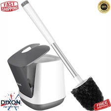 Toilet Brush and Holder Set Self Closing Lid Long Handle Ventilated Base