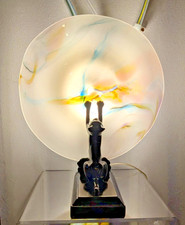Vtg Late 1900's Art Deco Style Black Cat Lamp  "STRATA" Art Glass Shade