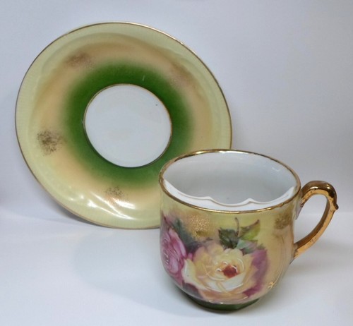 Antike SCHNURRBARTTASSE & UNTERTASSE - ROSA & GELBE ROSEN Made in Germany Goldrand