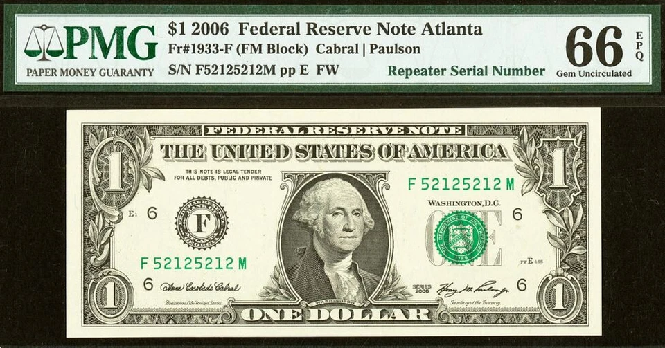 2006 $1 Federal Reserve Note PMG Gem 66EPQ - Repeater Serial Number 52125212 - Image 2 of 3