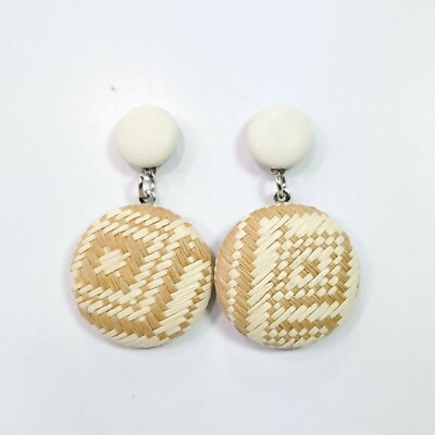 E0464 Circle Fabric Button Tan Ivory Tone String Chevron Design Dangle Earrings