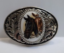 Vintage Silver Black Ornate Horse Heads on Porcelain Oval Western Belt Buckle