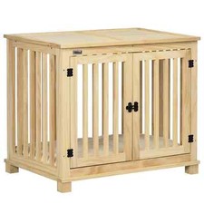 Wooden Dog Crate, with Double Doors, Cushion, for Medium Dogs - Natural