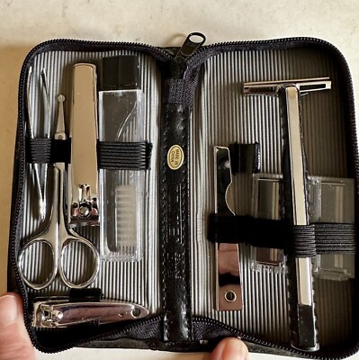 Vintage Noymer Leather Zipper Case 8-Piece Travel Grooming Kit EUC