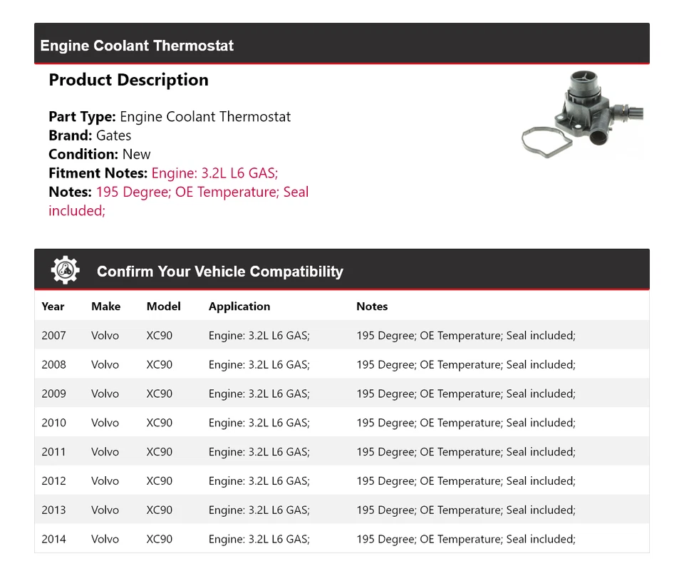 For 2007-2014 Volvo XC90 3.2L L6 GAS Engine Coolant Thermostat Gates 2008 2009 - Image 2 of 4