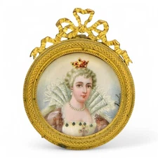 Miniature Portrait Painting of Queen Marie de Medici Antique Artist Signed