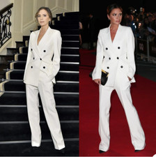 White Women Pants Suits Double Breasted Office Lady Blazer Suit Wear Coat Pant