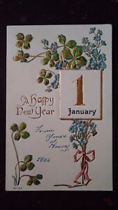 A Happy New Year 4 Leaf Clover Small Blue Flowers 1906 Ebay