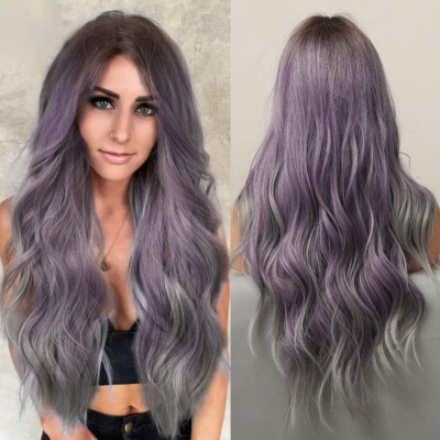 Ombré Purple Grey Long Body Wave Wig Women Cosplay Synthetic Party Daily Natural