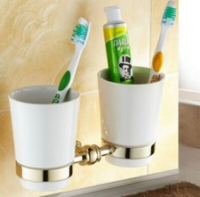 Golden Color Brass Wall Mounted Toothbrush Holder with Two Ceramic Cups 2ba138