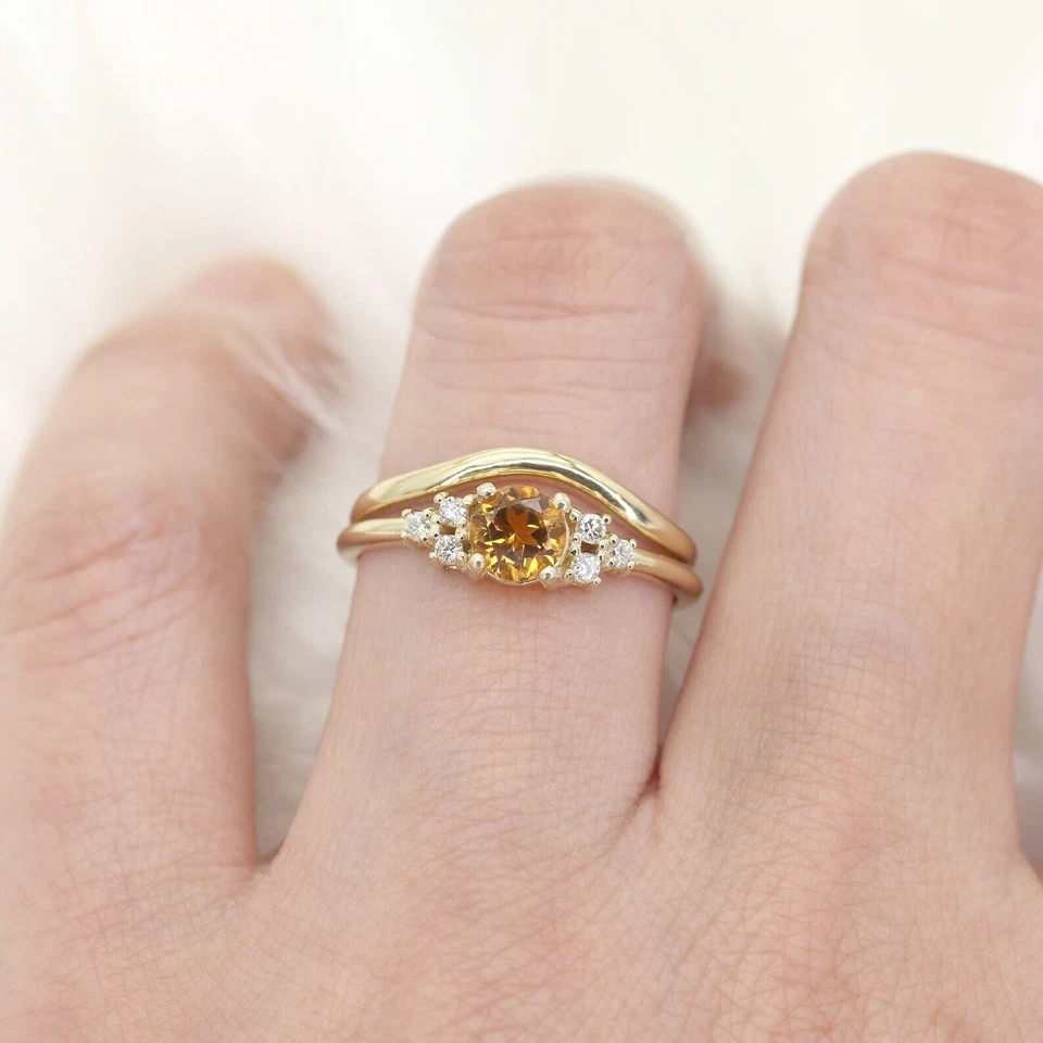 Juego de anillos de compromiso vintage de citrino corte redondo natural plateado chapado en oro amarillo Foto 2 de 4
