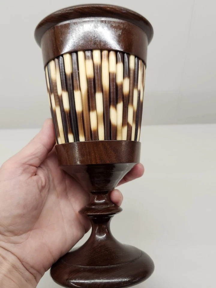 MCM Porcupine Quill & Wood Goblet Chalice Vase Aluminum Insert - Image 2 of 4