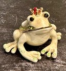 Enameled Ivory Green Rhinestone Encrusted Prince Frog Hinged Metal Trinket Box