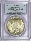 1922 PCGS AU55 Top 50 VAM-1F Field Break Peace Dollar-California-Toned-Scarce