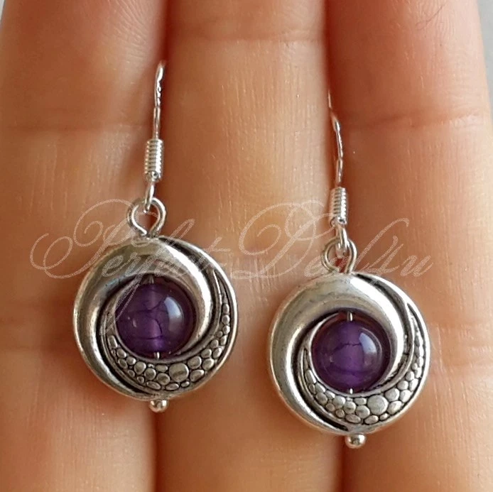 Pendientes de plata tibetana piedra ágata venas de dragón púrpura gancho de plata de ley 925 Foto 3 de 4