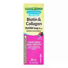 Spring Valley Biotin & Collagen Liquid, Natural Berry, 15000 Mcg, 1 fl oz