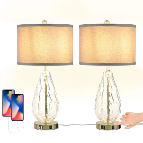 Set of 2 Table Lamps, Farmhouse Bedside Nightstand Lamp 3-Way Dimmable USB A+...