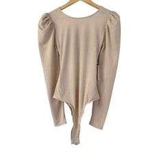 ASTR The Label Bodysuit M Cream Ribbed Puff Sleeve Open Back Tie NWT