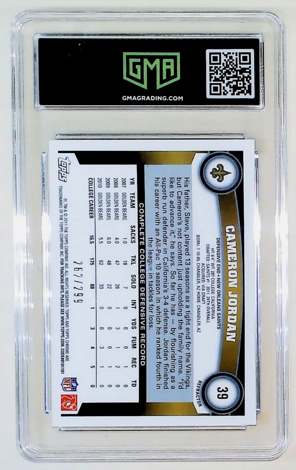 2011 Topps Chrome #39 Cameron Jordan 262/299 Black Refractor Rookie GMA 9 - Image 2 of 2