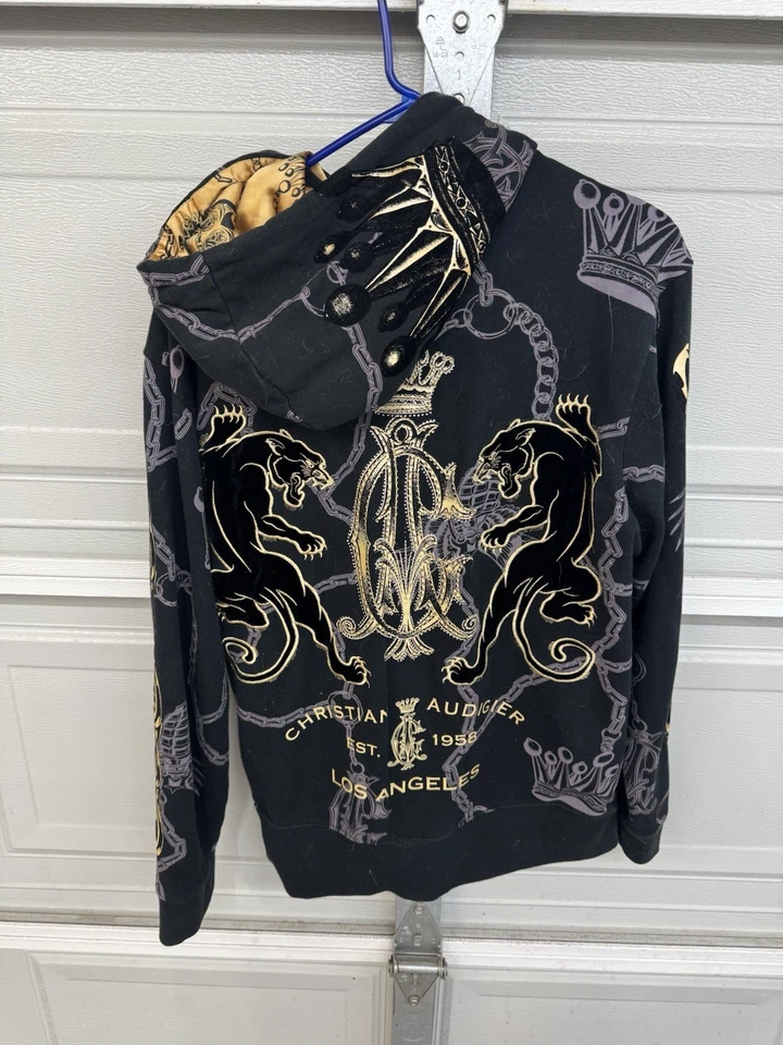 Christian Audigier Hombres M Negro Dorado Estrás Pantera Cadenas Boxeo Sudadera con Capucha Rev: Foto 4 de 4
