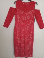 Bisou Bisou Red Lace Cold Shoulder Midi Sheath Dress Women Size 10