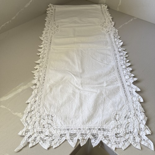 Vintage 62x13” Table Runner White Battenburg Lace Cutwork 100% Cotton