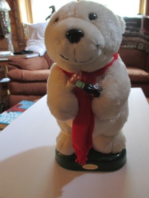 Vintage, Rare Coca Cola polar bear with red scarf 1999 green platform