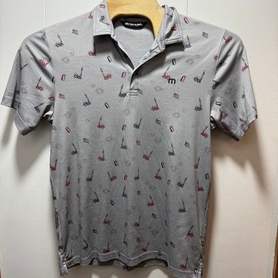 Travis Mathew Men's Gray Statue of Liberty Firework Print Golf Polo Shirt Size L