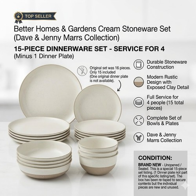 #ad BHG Dave amp; Jenny Marrs 15pc Stoneware Dishes Cream 4 Dinner Plates 1 Broken $34.38