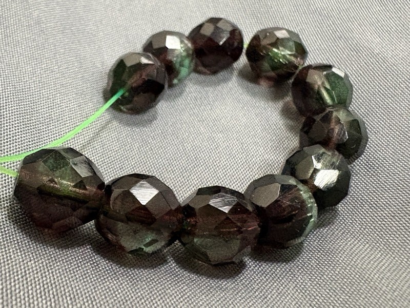 4” Strand, 10mm Glass Faceted Round, Transparent Watermelon Colors- Green purple
