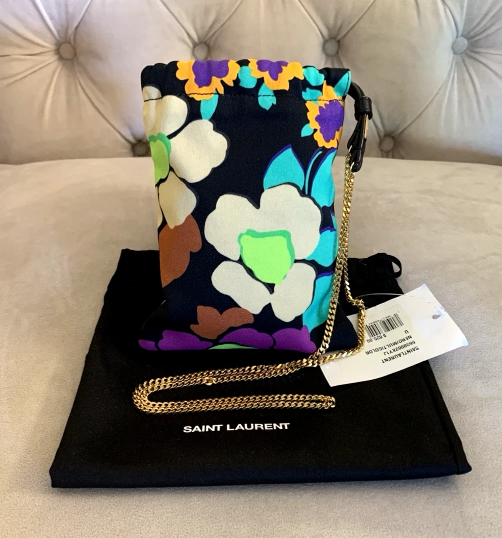 Saint Laurent — Saint Laurent YSL Mini Floral Satin Drawstring Pouch Shoulder Bag Black Gold NWT