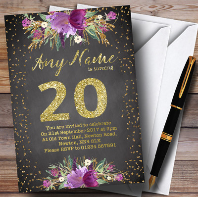 Kreide Aquarell Lila Gold 20. Personalisiert Geburtstag Party Einladungen