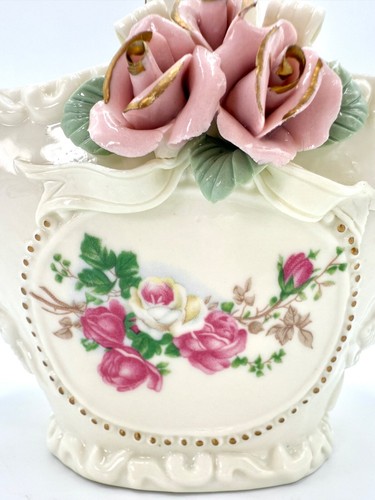 Cesta de Pascua de cerámica marfil y rosa dorada con rosas de color rosa y rosas aplicadas elevadas - Imagen 3 de 24