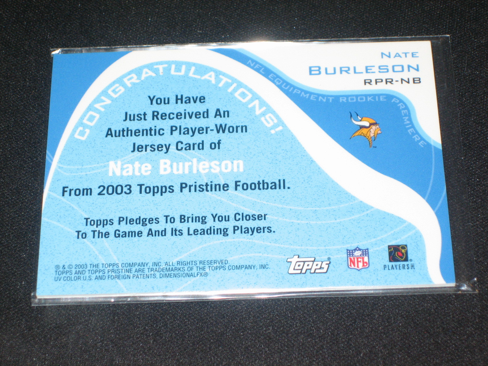 NATE BURELSON VIKINGS LEGEND AUTHENTIC EVENT GAME USED JERSEY FOOTBALL CARD view 2