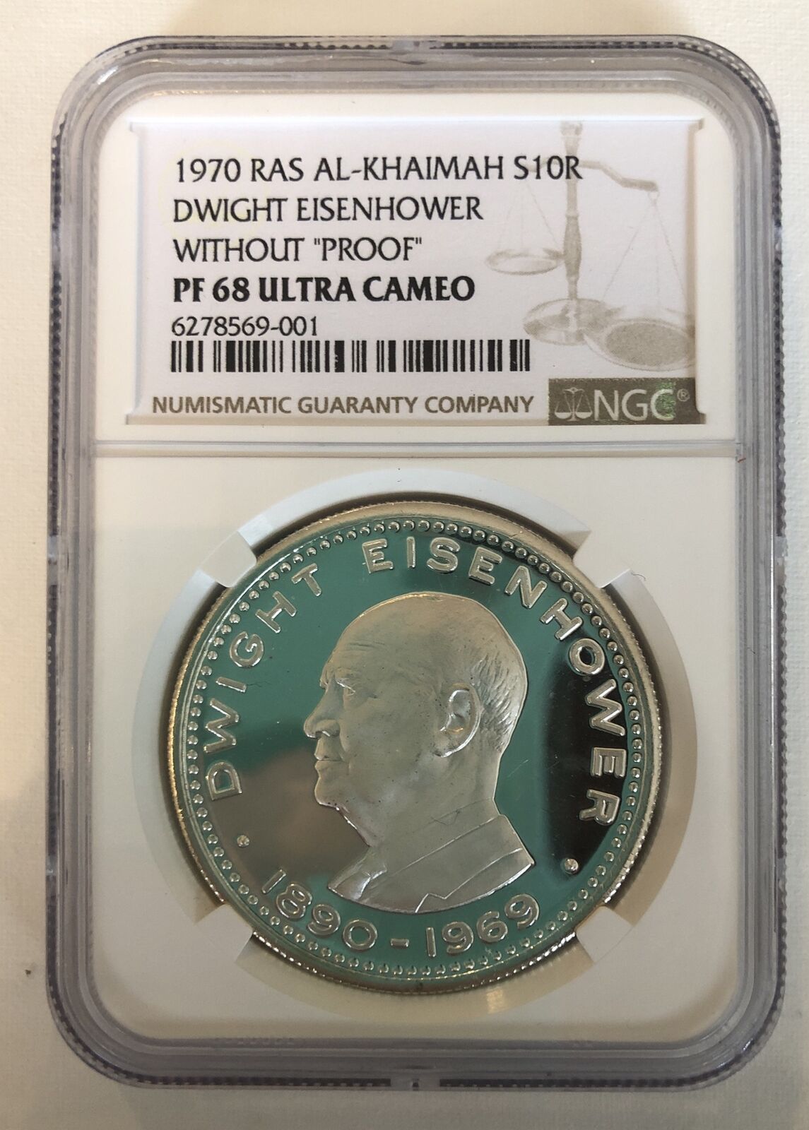 1970 Ras Al-Khaimah S10R Dwight Eisenhower Silver Proof Coin NGC PF 68