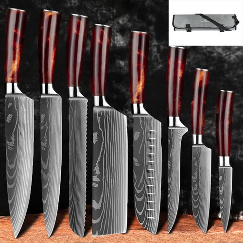 Juego de 10 cuchillos de cocina de acero inoxidable con patrón de Damasco japonés rojo - Imagen 21 de 25