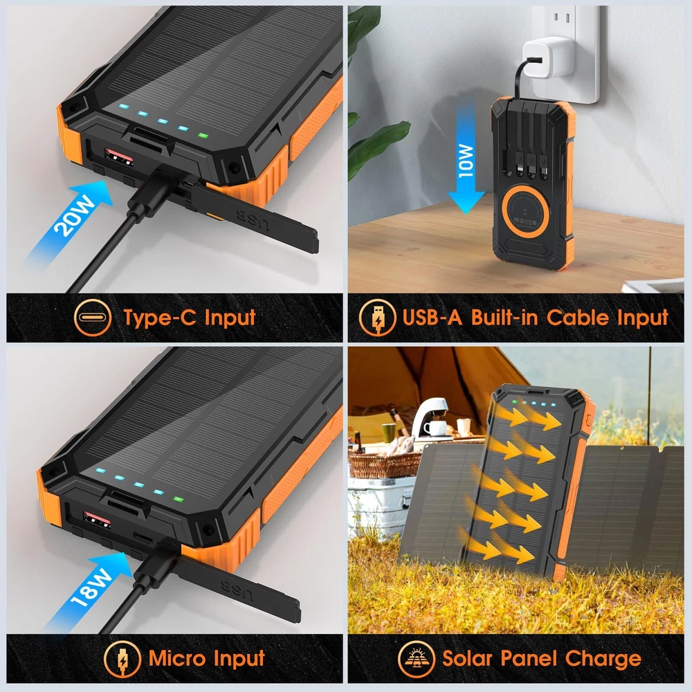 Power Bank Solar Charger,49800mAh Wireless Portable Charger with 4 Built-in C...