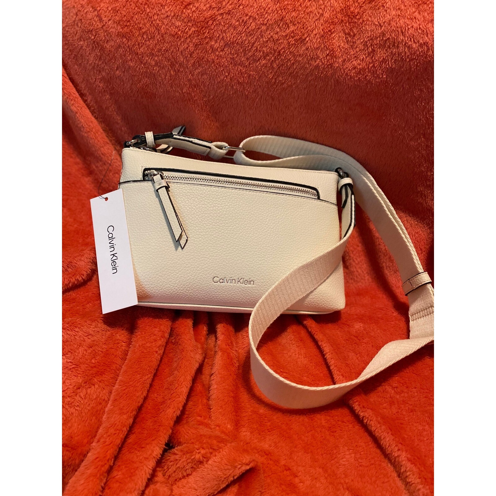 Calvin Klein Crossbody Bag, Front Zip Pocket Adjustable Strap Ivory NEW thumbnail 2
