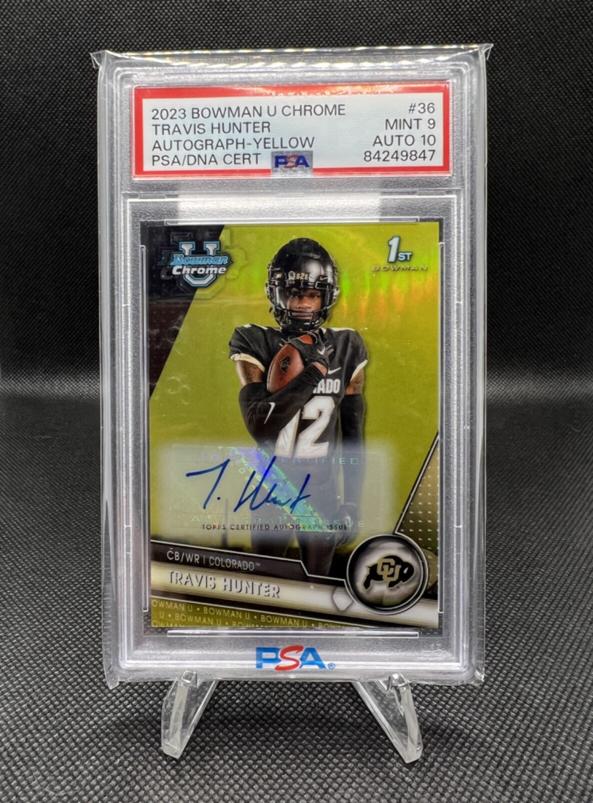 2023 Bowman Chrome U Travis Hunter #36 Yellow Refractor /75 (PSA 9 Auto 10)