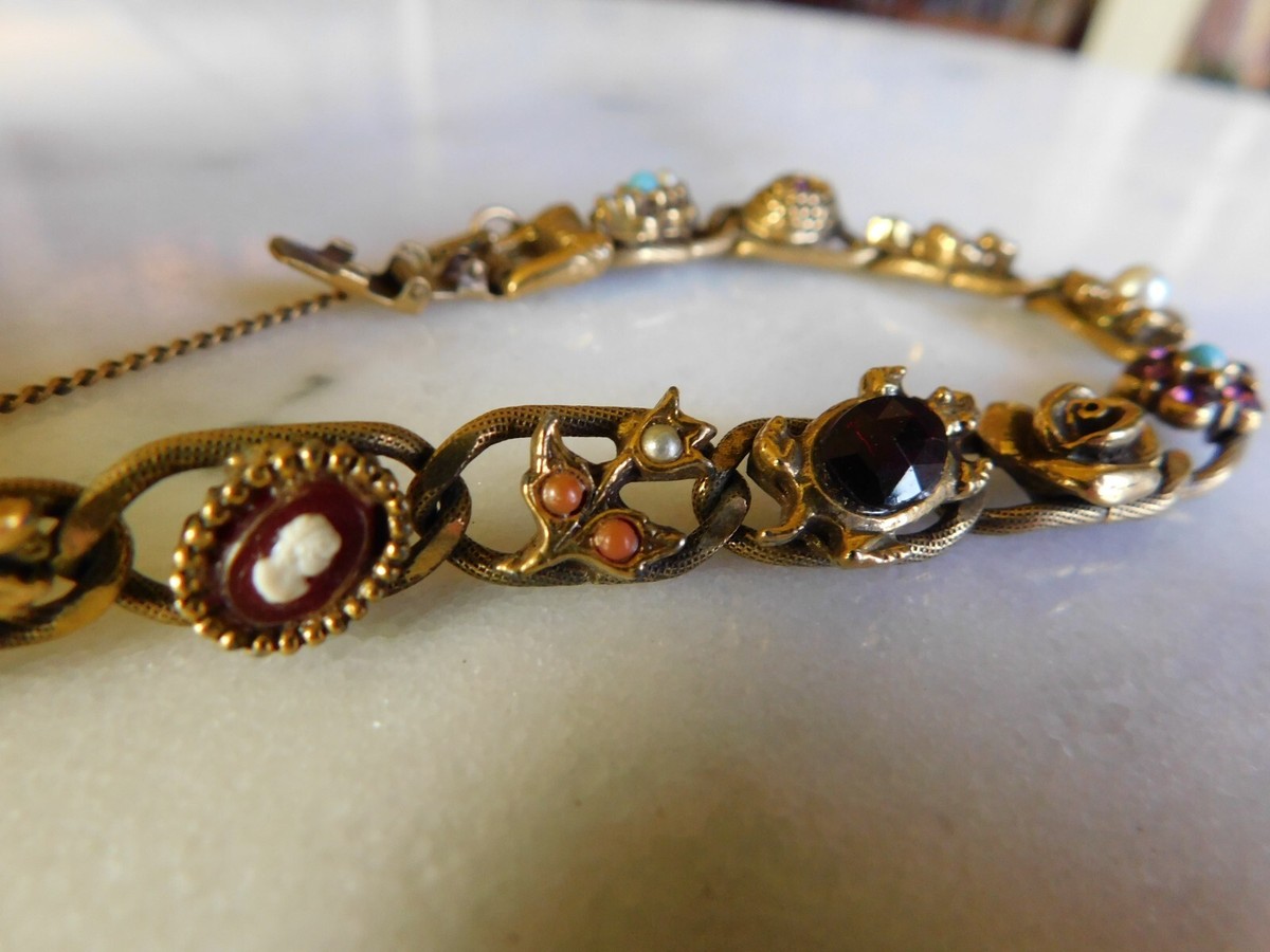 Vintage Goldette NY Flower Charm Cameo Link Bracelet w