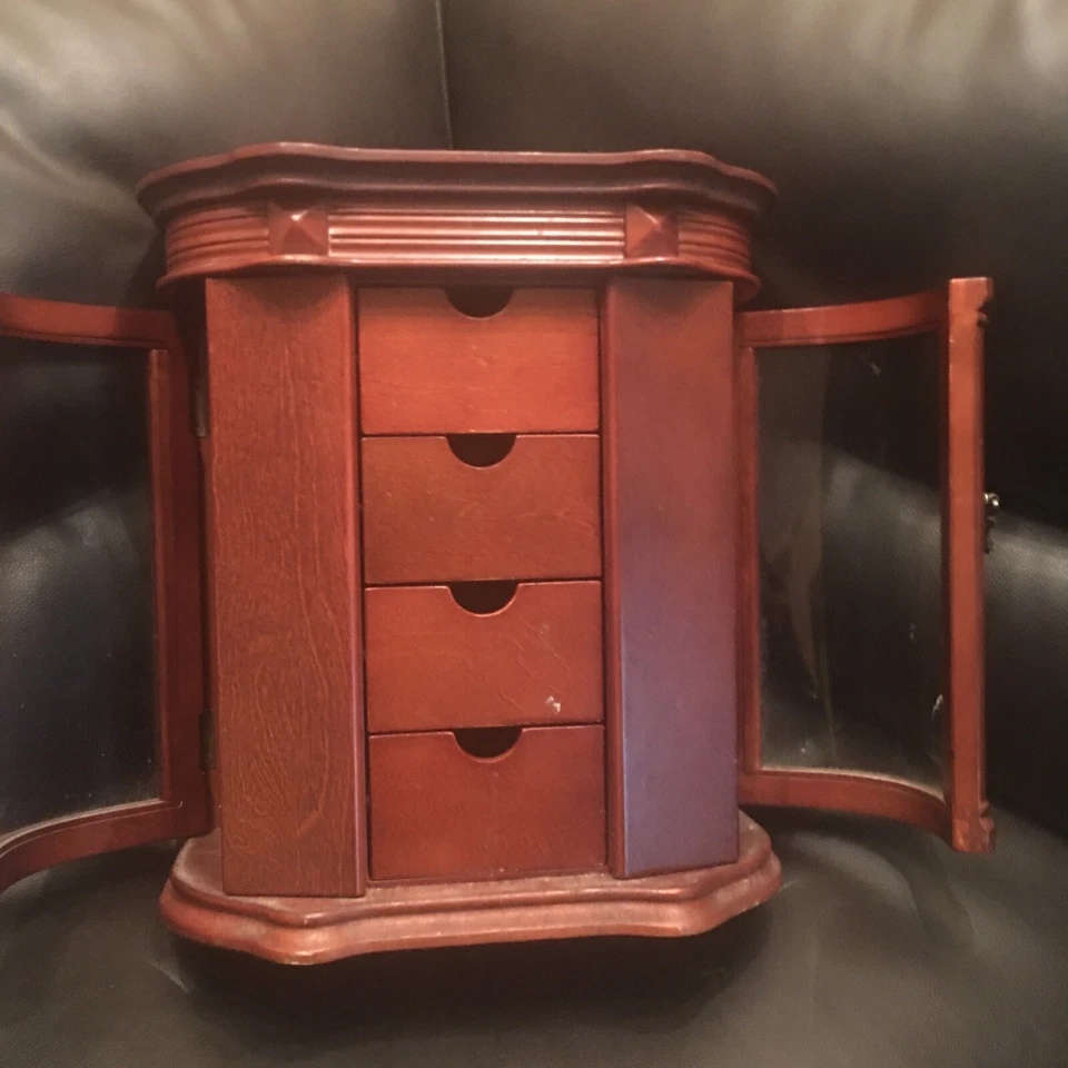 Real Wood Jewelry Box Armoire with 3 Drawers Lid w/ Mirror Tamboured Style Doors - Image 3 of 4