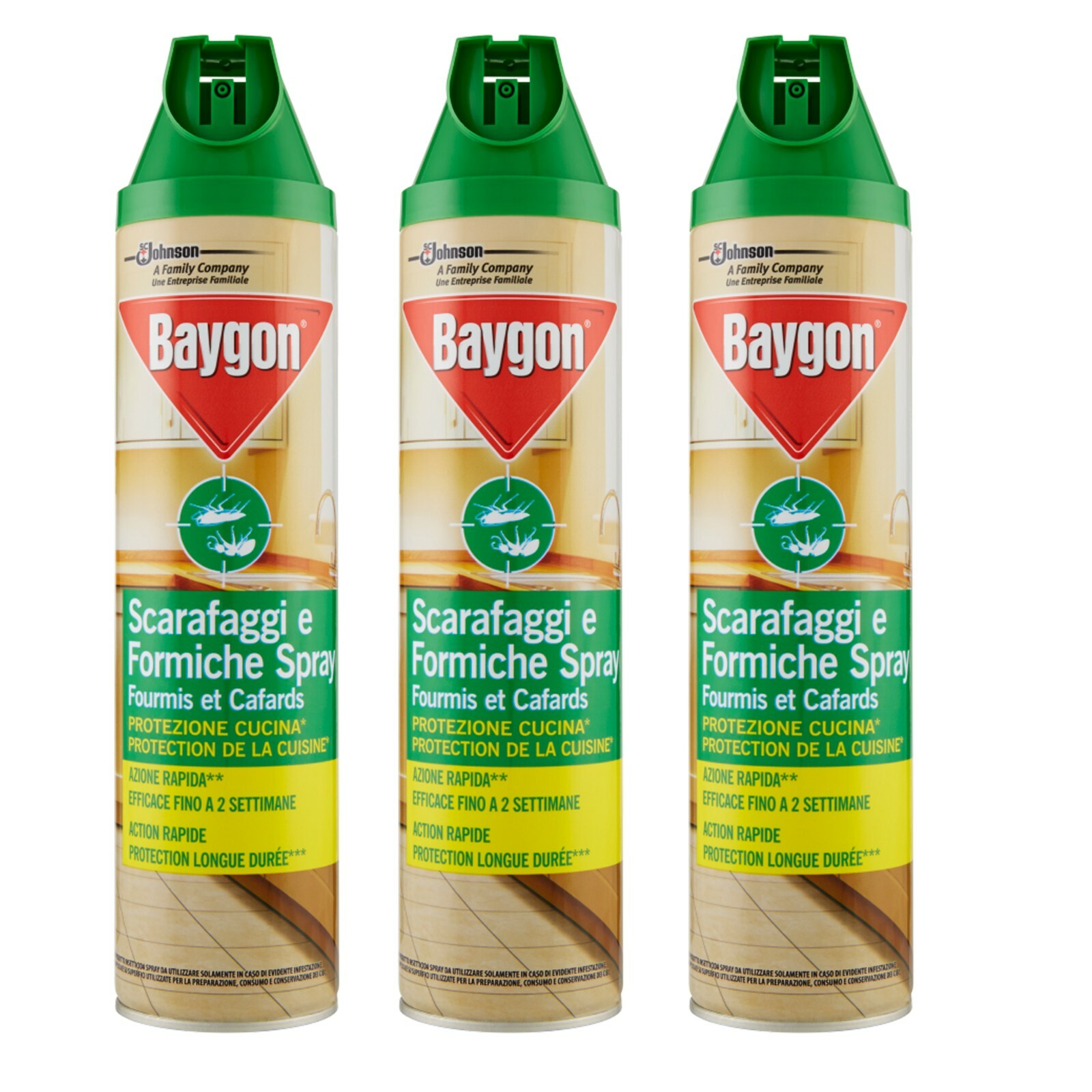 3 pezzi BAYGON Scarafaggi e Formiche Spray Prot. Cucina Azione rapida 400ml