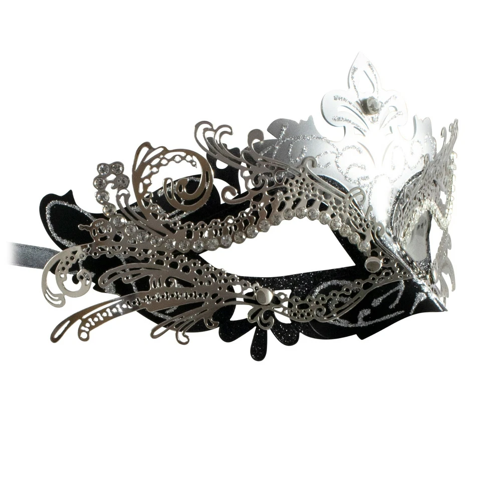 Silver Metal Lace Masquerade Mask | Venetian Silver Diamante Wedding Ball Mask - Image 2 of 4