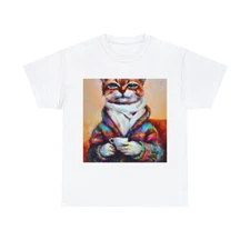 Cat Fine Art T Shirt Unisex Feline Wearing Comfy Sweater and Drinking Coffee