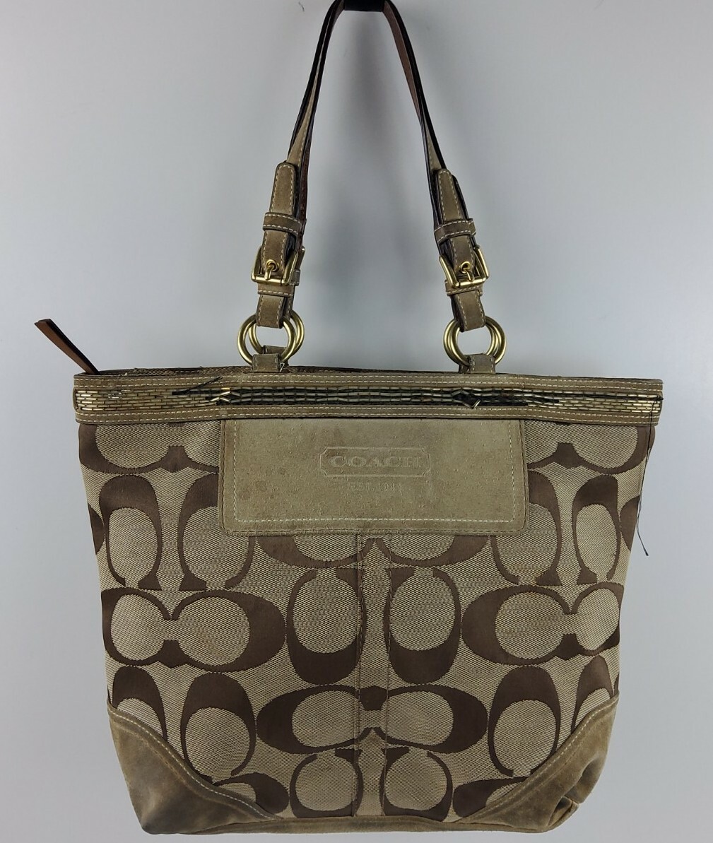 Coach Gallery Signature Khaki Suede Purse 10445 Beade… Gem