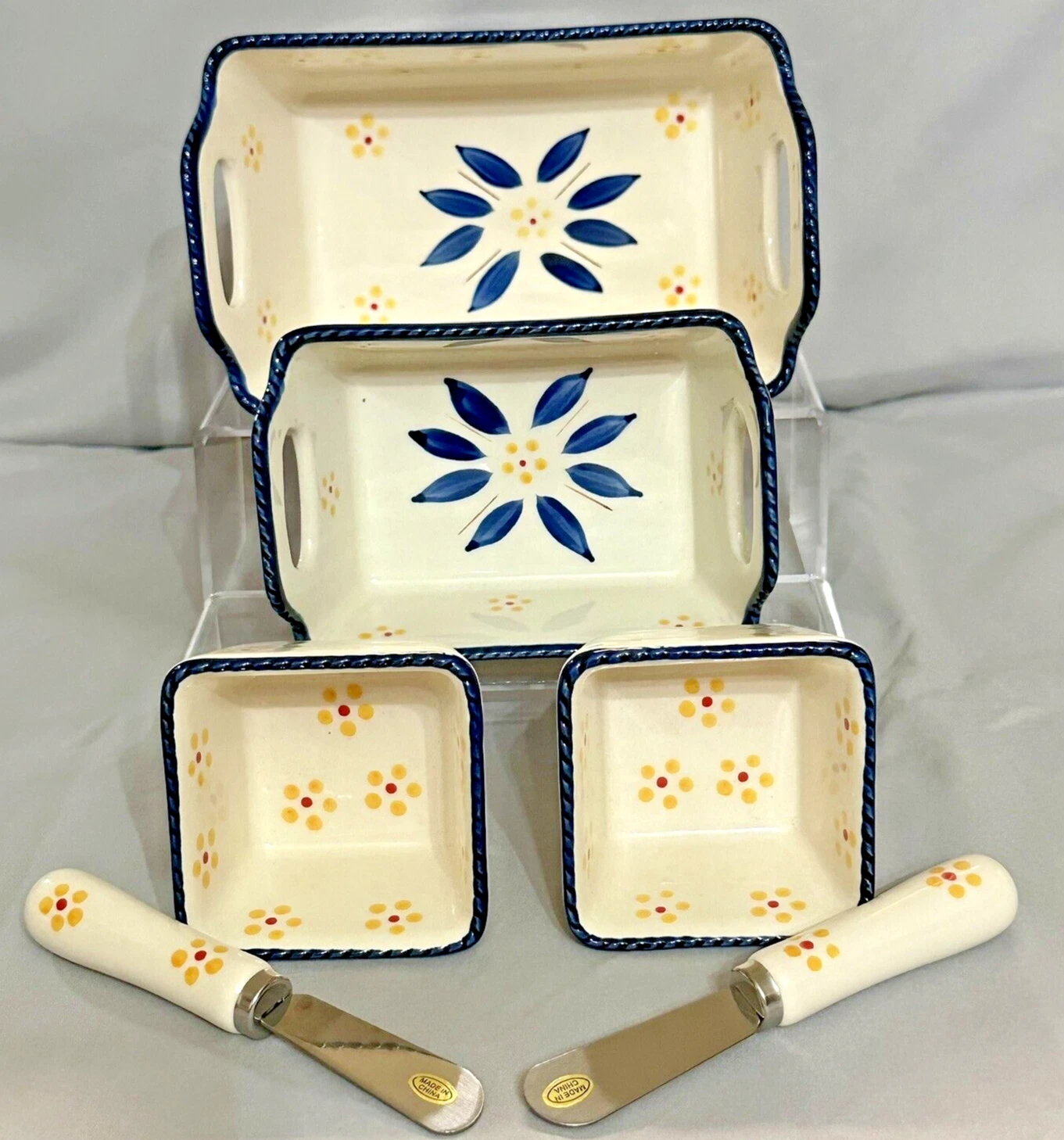 Temptations by Tara Old World Baker Set Blue Loaf Pan Ramekin Spreader Dip Bowl