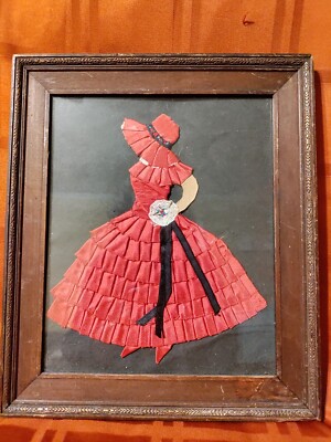 Ribbon, Vintage, Framed Under Glass Hand Made Lady-Ribbon/Fabric